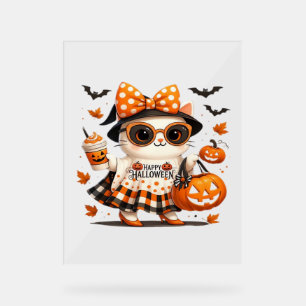 Cute Halloween Cat – Kawaii Witch Kitty with Pumpk Acrylic Sign