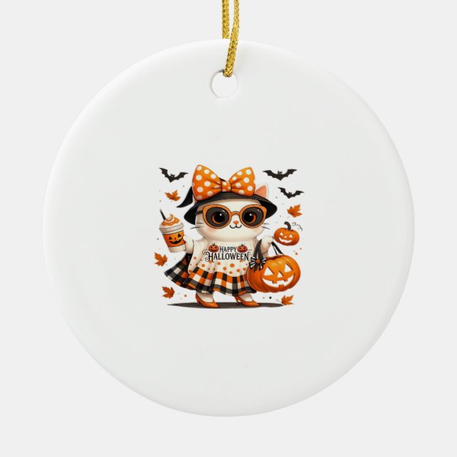 Cute Halloween Cat � Kawaii Witch Kitty with Pumpk Ceramic Tree Decoration (Front)