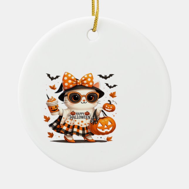 Cute Halloween Cat � Kawaii Witch Kitty with Pumpk Ceramic Tree Decoration (Front)