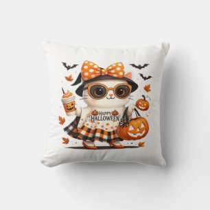 Cute Halloween Cat � Kawaii Witch Kitty with Pumpk Cushion