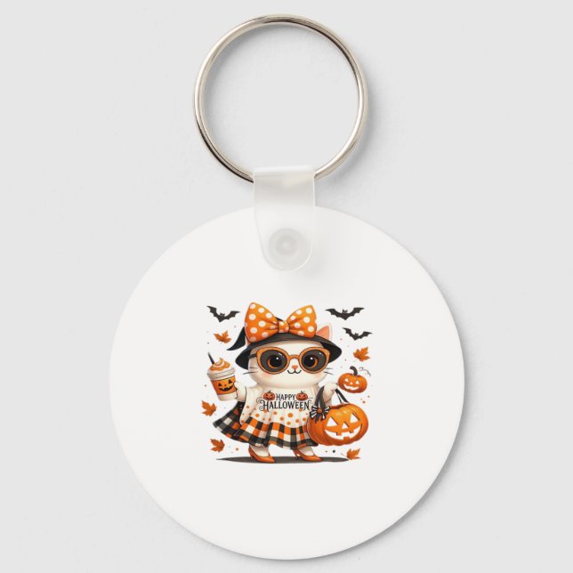 Cute Halloween Cat � Kawaii Witch Kitty with Pumpk Key Ring (Front)