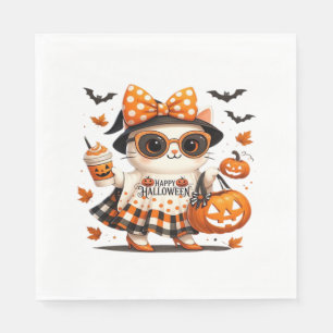 Cute Halloween Cat – Kawaii Witch Kitty with Pumpk Napkin