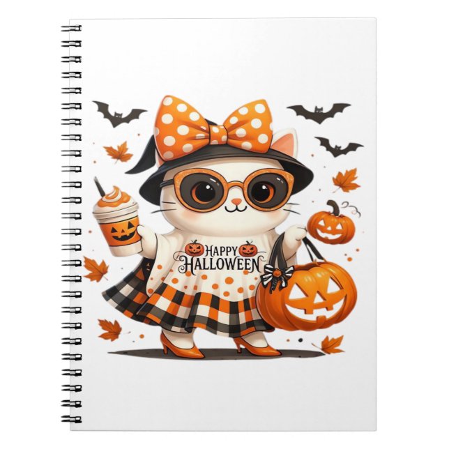 Cute Halloween Cat – Kawaii Witch Kitty with Pumpk Notebook (Front)