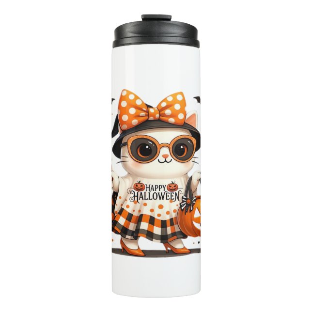 Cute Halloween Cat – Kawaii Witch Kitty with Pumpk Thermal Tumbler (Front)