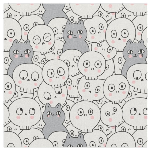 Cute Halloween Cat & Skeleton Pattern Fabric (Close Up)