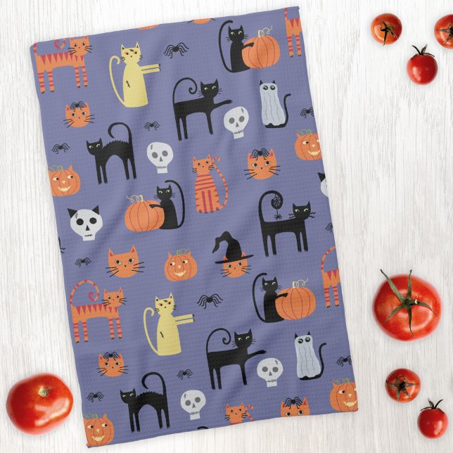 Cute Halloween Cat Spooky Tea Towel (Halloween Cats kitchen towel for spooky fun)