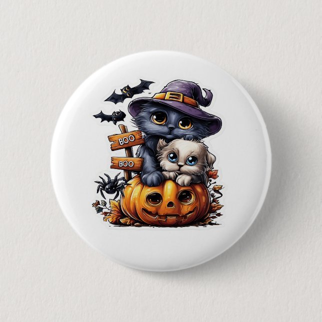 Cute Halloween Cat Sticker – Witch Hat, Pumpkin an 6 Cm Round Badge (Front)