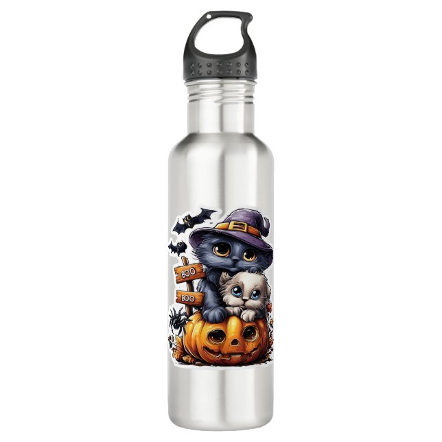 Cute Halloween Cat Sticker – Witch Hat, Pumpkin an 710 Ml Water Bottle (Front)