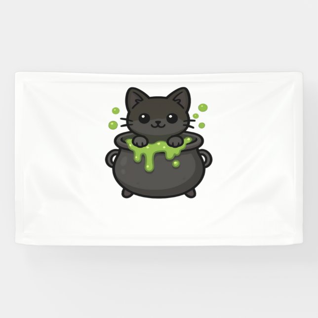 Cute Halloween Cat Sticker – Witch Hat, Pumpkin an Banner (Horizontal)