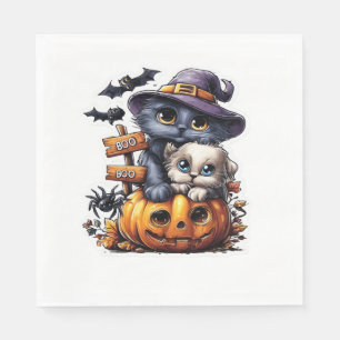 Cute Halloween Cat Sticker – Witch Hat, Pumpkin an Napkin
