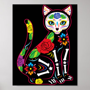 Cute Halloween Cat Sugarskull Mexican Day Of The Poster