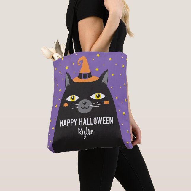 Cute Halloween Cat Trick or Treat tote bag (Close Up)
