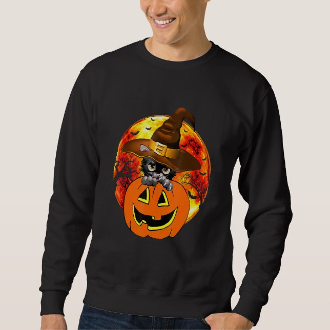 Cute Halloween Cat Witch Hat Pumpkin Scary Pet Moo Sweatshirt (Front)