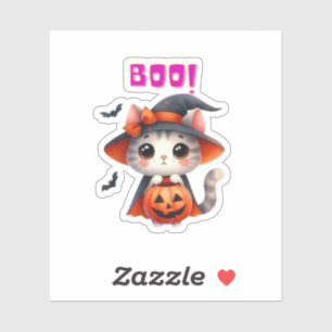 Cute Halloween Cat with Pumpkin and Witch Hat Deco