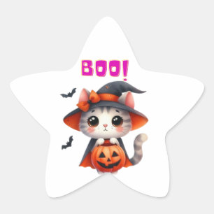Cute Halloween Cat with Pumpkin and Witch Hat Deco Star Sticker