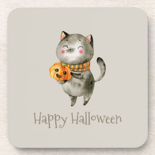 Cute Halloween Cat with Pumpkin   Coaster