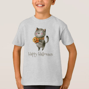 Cute Halloween Cat with Pumpkin Sleeve Shirt