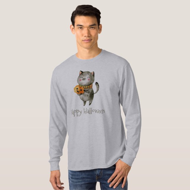 Cute Halloween Cat with Pumpkin Sleeve Shirt (Front Full)