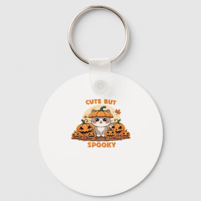 Cute Halloween Cat with Pumpkins � Kawaii Spooky F Key Ring (Front)
