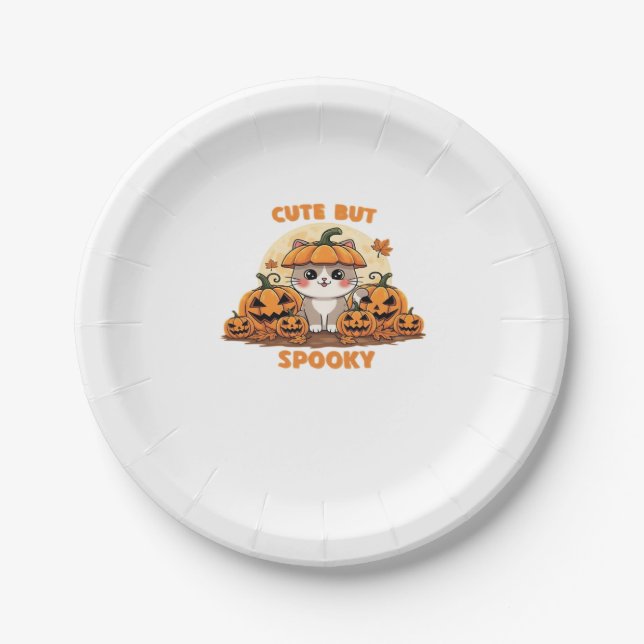 Cute Halloween Cat with Pumpkins � Kawaii Spooky F Paper Plate (Front)