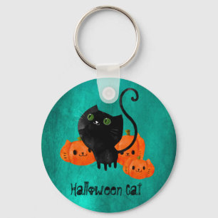 Cute Halloween cat with pumpkins Key Ring