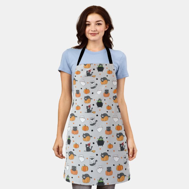 Cute Halloween Cats and Ghosts Pattern Apron (Worn)