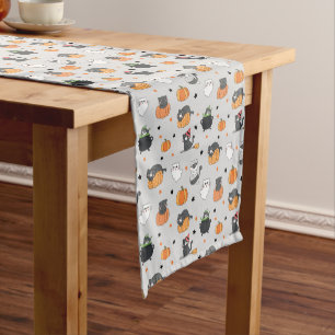 Cute Halloween Cats and Ghosts Pattern Short Table Runner
