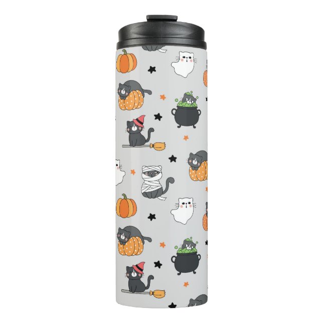 Cute Halloween Cats and Ghosts Pattern Thermal Tumbler (Front)