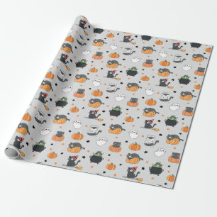 Cute Halloween Cats and Ghosts Pattern Wrapping Paper