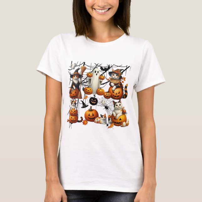 Cute Halloween Cats and Pumpkins T-Shirt (Front)