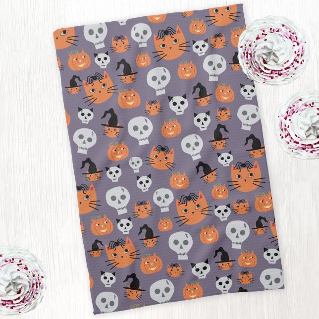 Cute Halloween Cats and Skulls Spooky Tea Towel (Fun kitty cats and skulls Halloween kitchen tea towel)