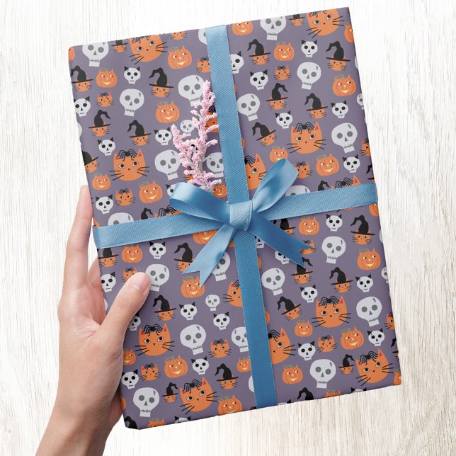 Cute Halloween Cats and Skulls Spooky Wrapping Paper (Halloween cats and skulls fun gift wrap paper roll)