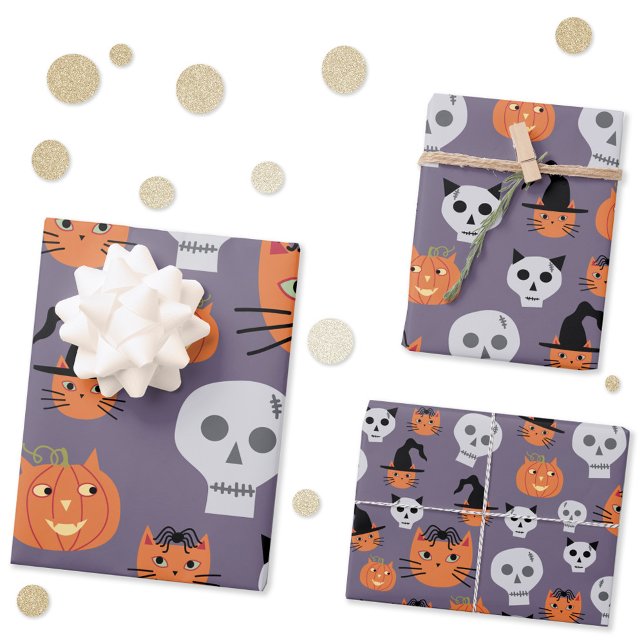 Cute Halloween Cats and Skulls Spooky Wrapping Paper Sheet (Fun Halloween cats, skulls and pumpkins gift wrap in three scales.)