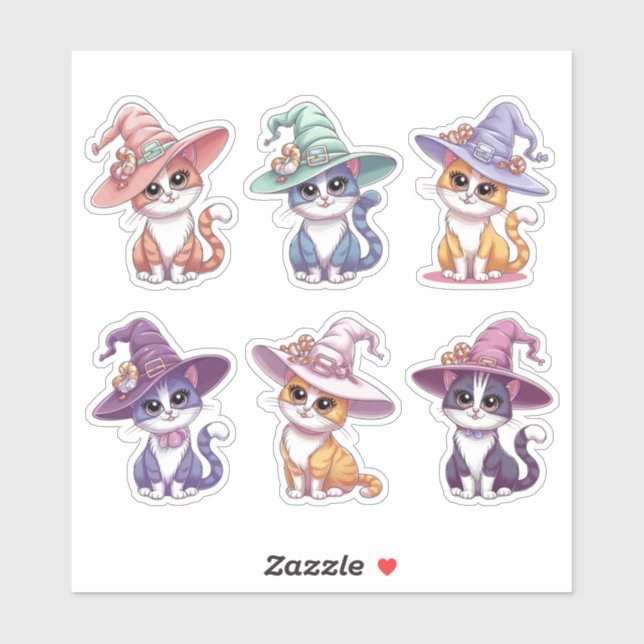 Cute Halloween Cats in Witch Hats Sticker Sheet (Sheet)