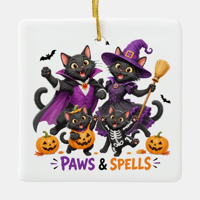 Cute Halloween Cats Paws and Spells Ceramic Ornament (Front)