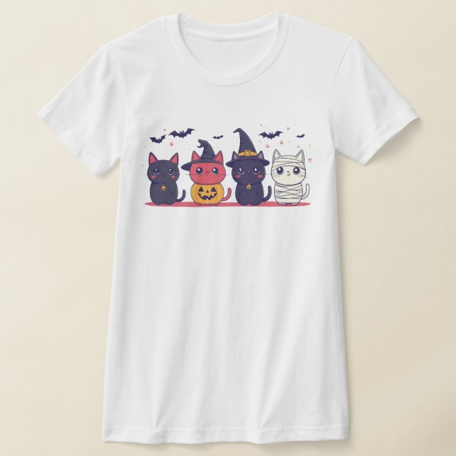 Cute Halloween Cats T-Shirt – Kawaii Witch, Pumpki (Laydown)