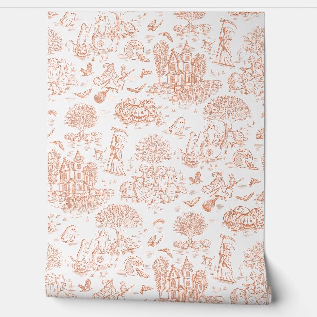 Cute Halloween Cats Toile de Jouy - Orange & White Wallpaper (Unrolling)