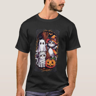Cute Halloween Cats Trio Ghost Witch Mummy Pumpkin T-Shirt