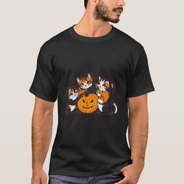Cute Halloween Cats with a Pumpkin Tee (Front)