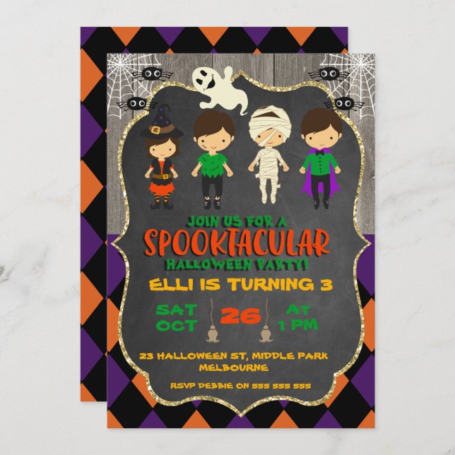 Cute Halloween Chalkboard Birthday Invitation (Front/Back)