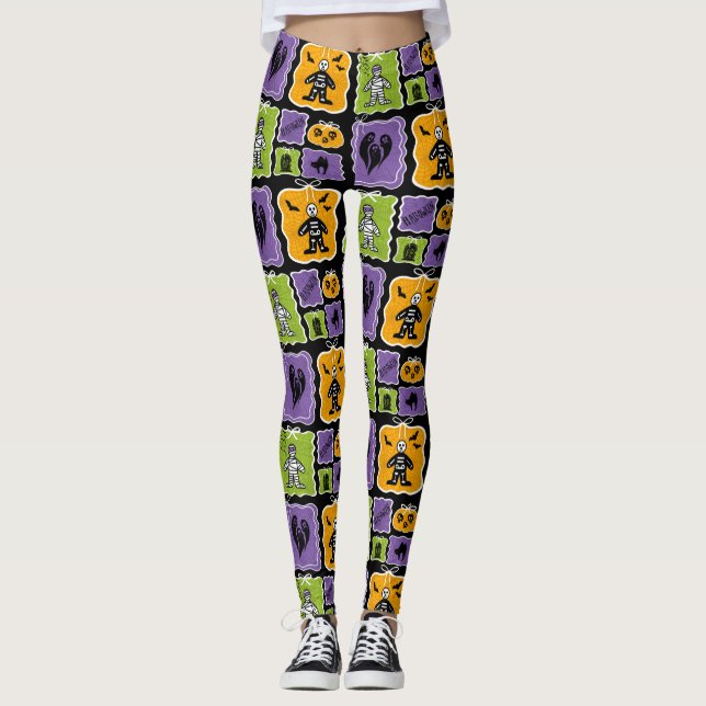 Cute Halloween Characters Mummies & Skeletons Leggings (Front)