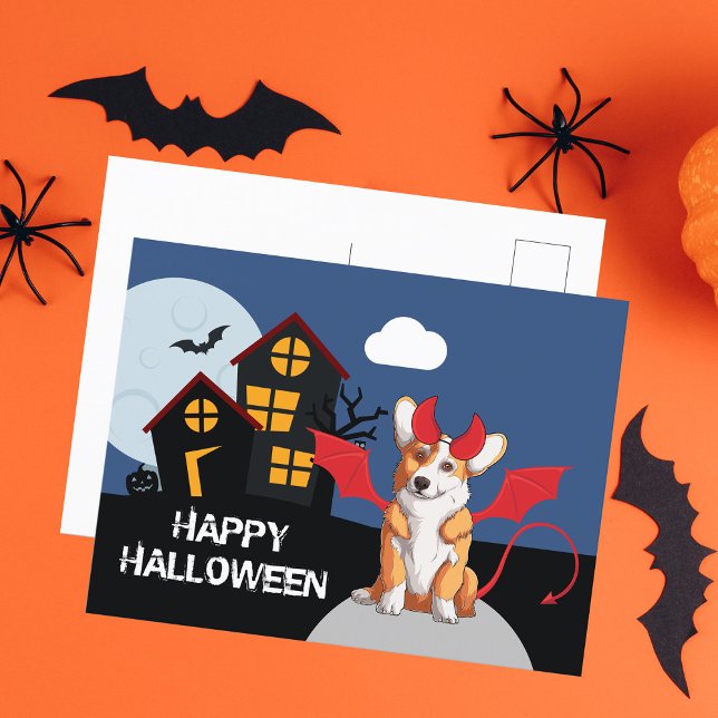 Cute Halloween Corgi Devil Costume Haunted House Postcard (Creator Uploaded)