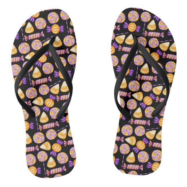 Cute Halloween Corn Candy Sweets Lollipop Black Jandals (Footbed)