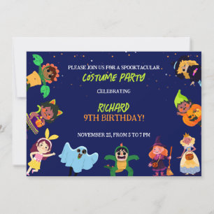 Cute Halloween Costume Modern Blue Birthday Party Invitation