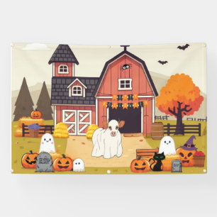 Cute Halloween cow and farm Banner