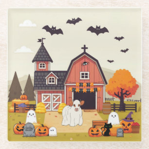 Cute Halloween cow and farm Glass Coaster