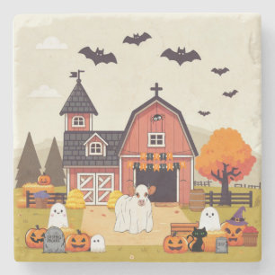 Cute Halloween cow and farm Stone Coaster