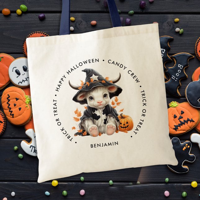 Cute Halloween Cow Witch Personalised Candy  Tote Bag (Creator Uploaded)