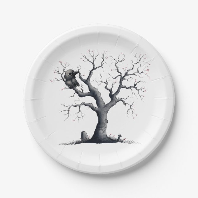 Cute Halloween Crow in Tree  Paper Plate (Front)
