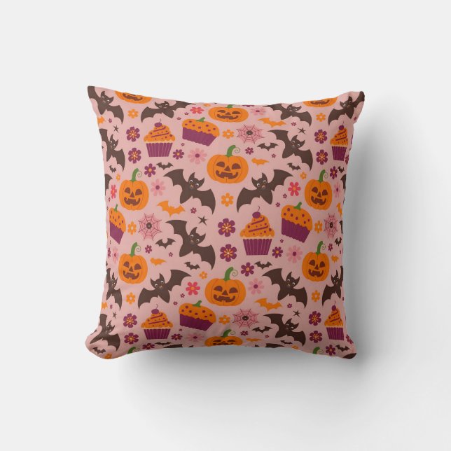 Cute Halloween Cushion | Pink & Orange Festive (Front)
